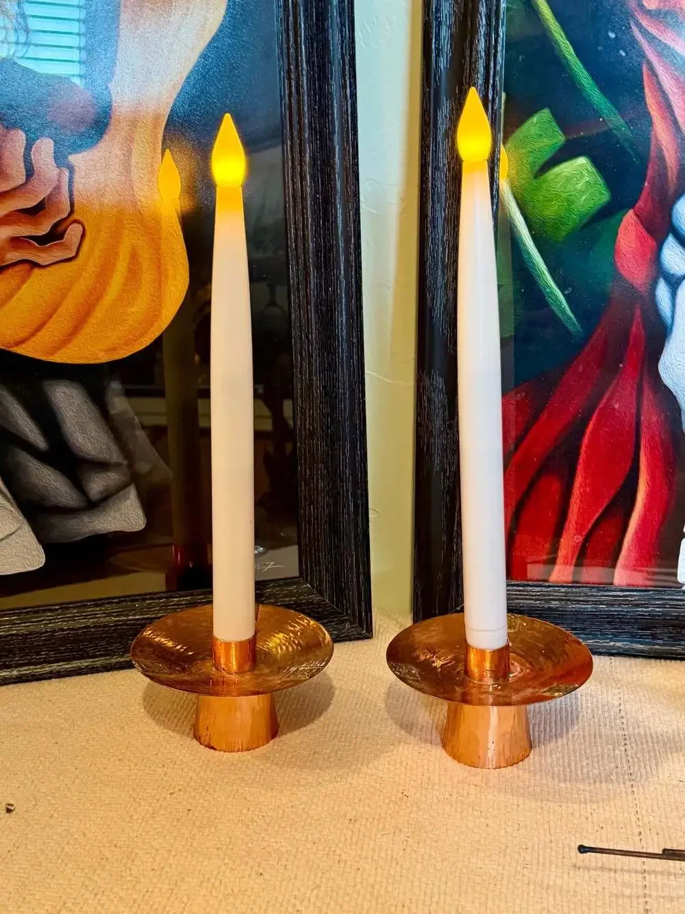 Vintage Hand-Hammered Copper Candlestick Holders with Flameless Taper Candles
